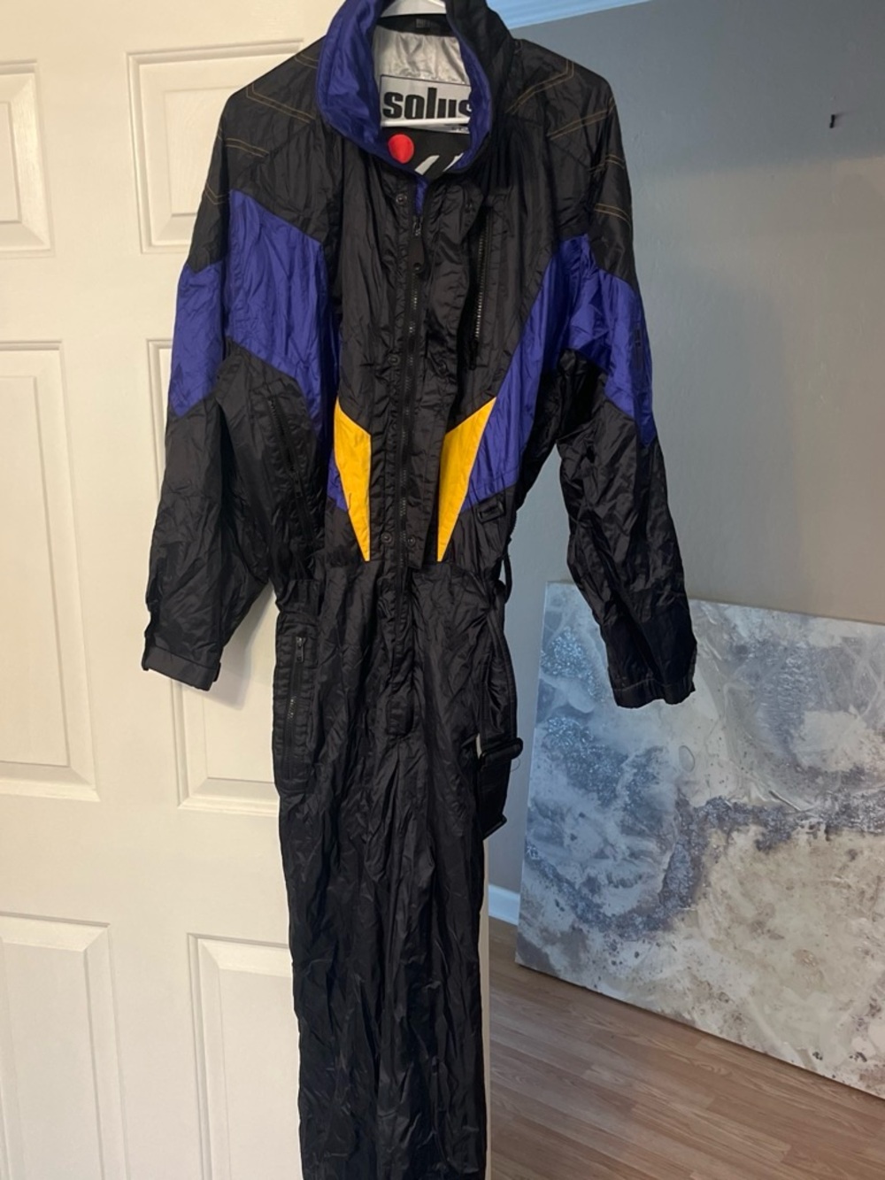 Black & Purple Men's One-Piece Ski Suit with Yellow Accents
